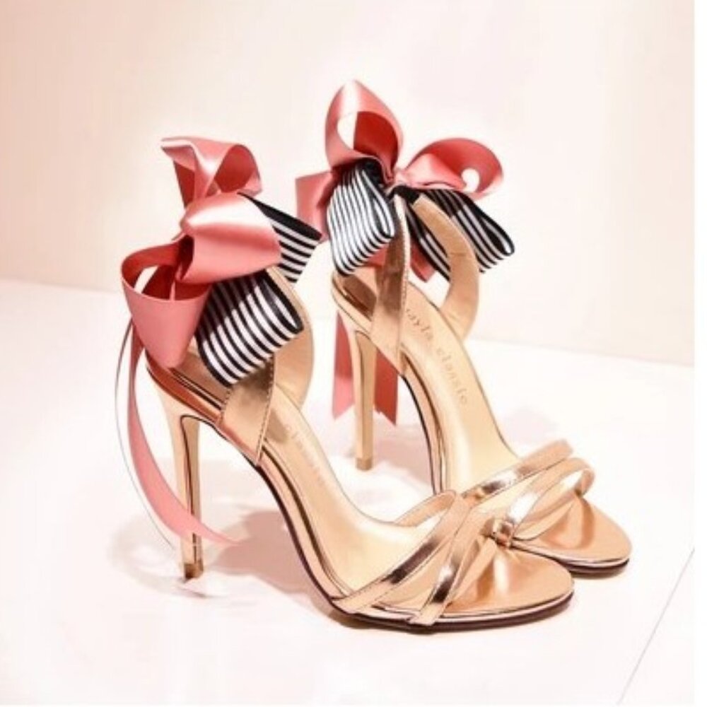 Rose gold Pink and strip bow stiletto high heel Sandals